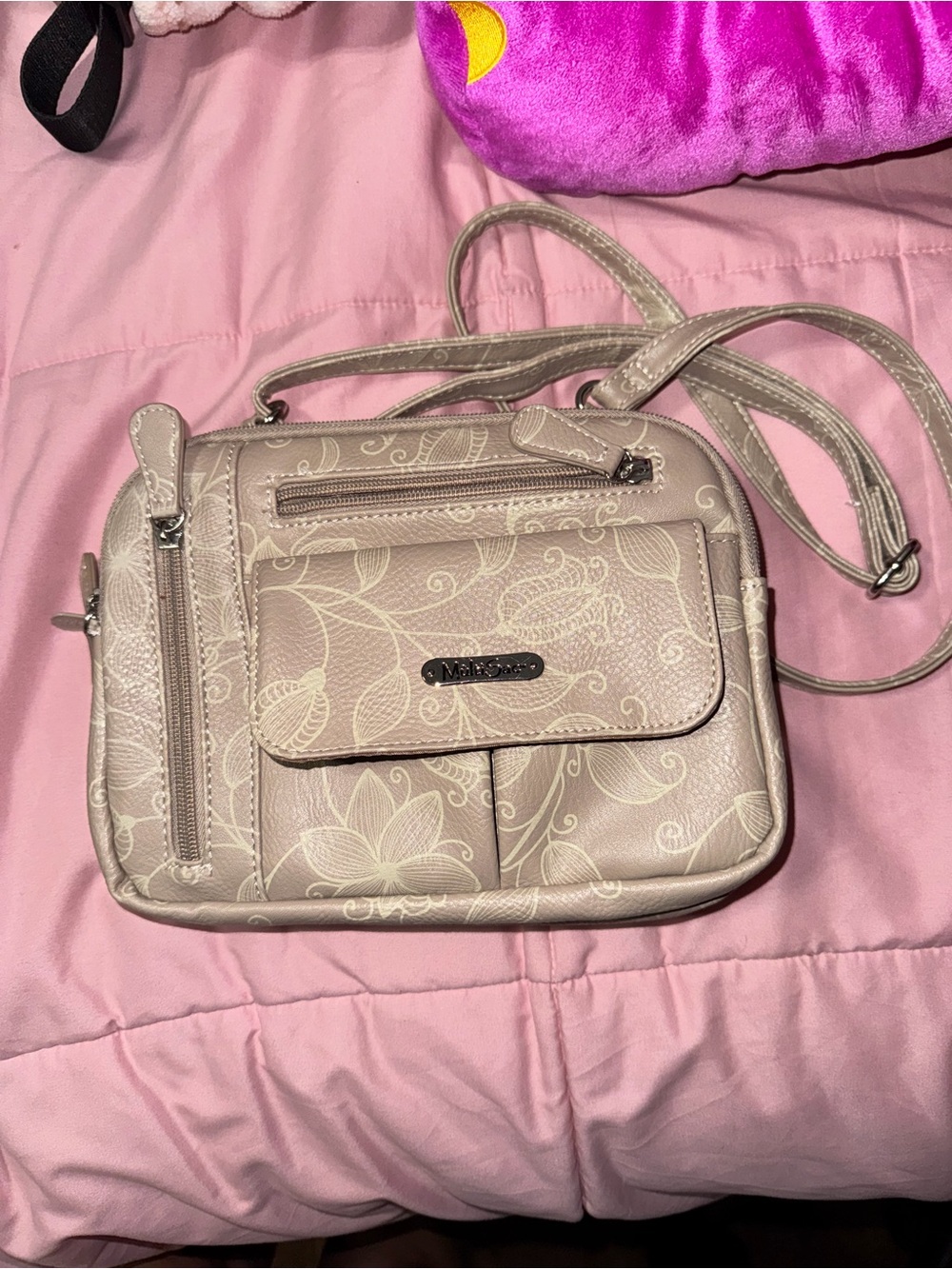 MultiSac Crossbody Bag Taupe Floral Print Multi Pocket Organizer Purse